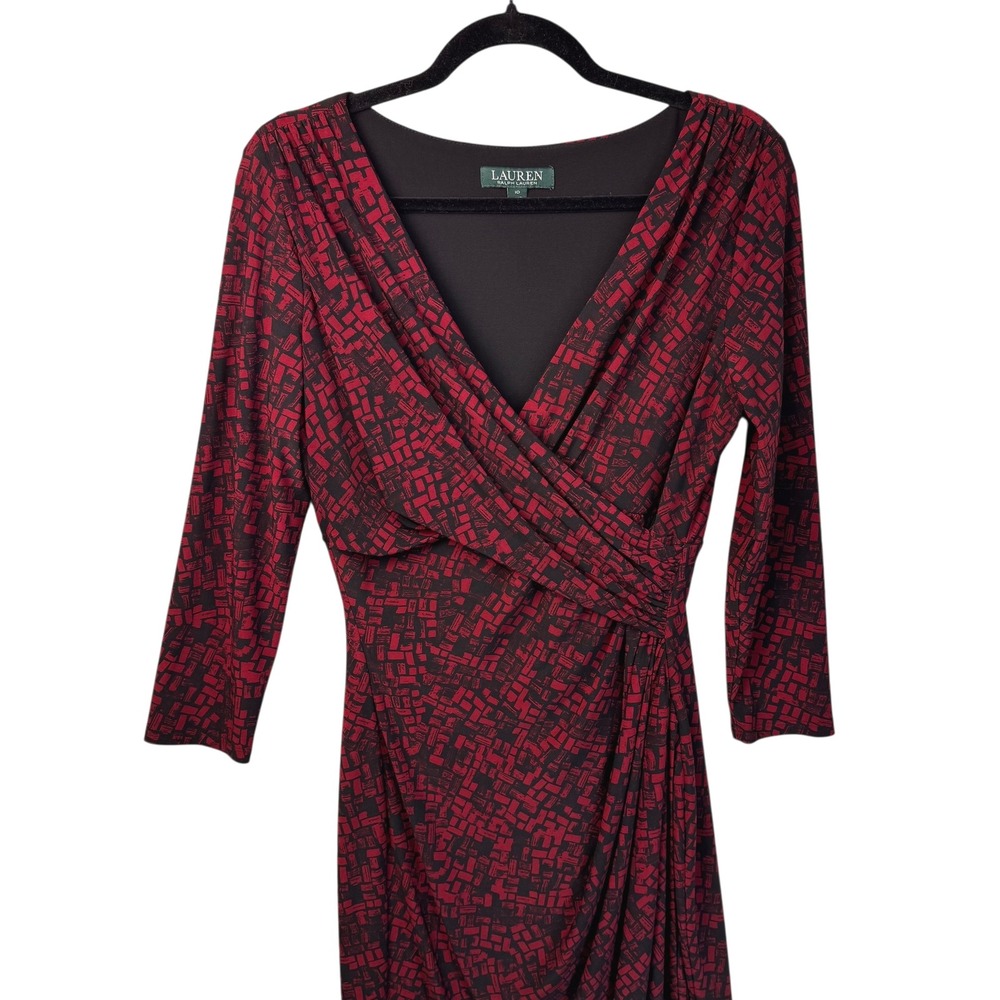 Ralph Lauren Dress 10 Red Black Geometric Print‎ 3/4 Sleeve Faux Wrap Career - Picture 7 of 16